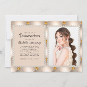 Invitación Tan Gold Satin Perlas Joyas Foto Quinceañera