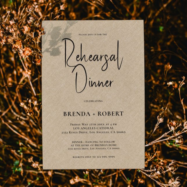 Invitación Tan linen Sencillo ensayo de escritura blanca Cena (Subido por el creador)