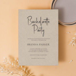 Invitación Tan Linen Simple Black Script Bachelorette Party