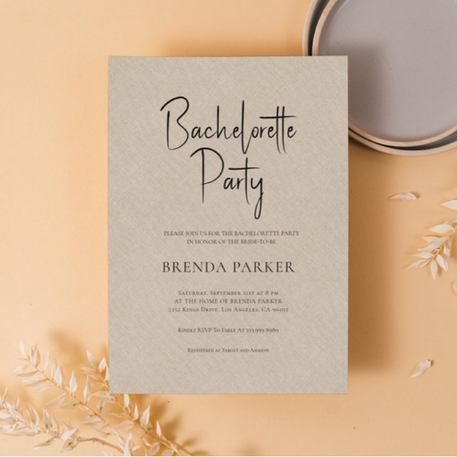 Invitación Tan Linen Simple Black Script Bachelorette Party (Subido por el creador)