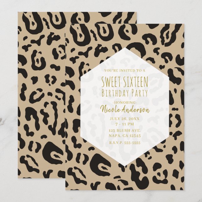 Invitación Tan Marrón y Negro Leopardo Guepardo Chic Cumpleañ (Anverso / Reverso)