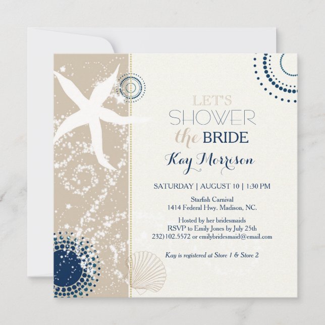 Invitación Tan Navy Blue Ivory Beach Bridal Shower (Anverso)