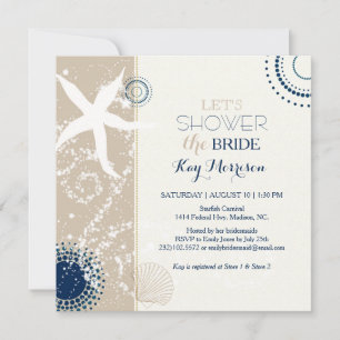 Invitación Tan Navy Blue Ivory Beach Bridal Shower