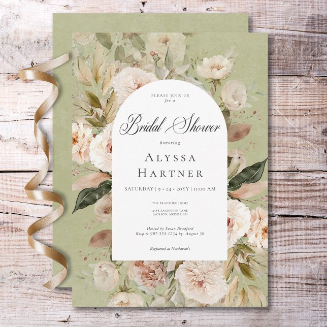 Invitación Tan Neutral Rústico Arco Floral Verde Ducha Bridal (Rustic Neutral Tan Cream Green Arch Bridal Shower Invitation)