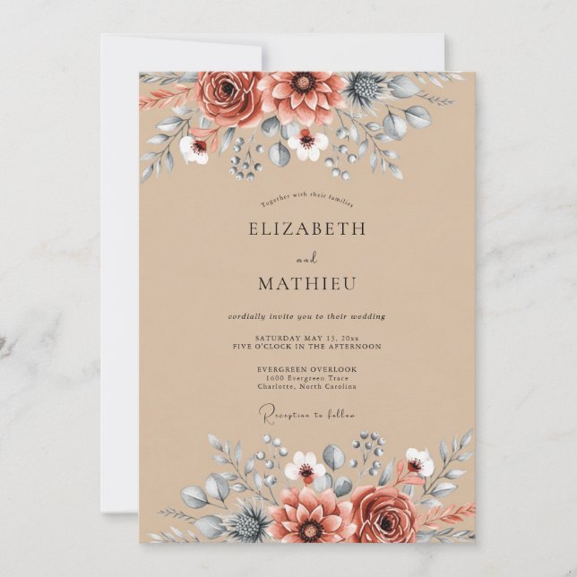 Invitación Tan Rustic Botanical Autumn Wedding (Anverso)