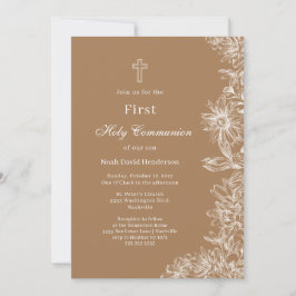 Invitación Tan White Floral Primera Santa Comunión