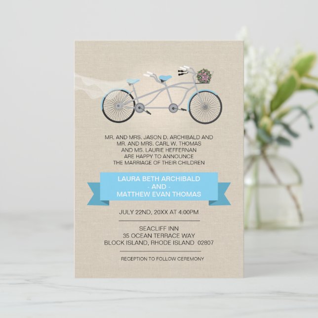 Invitación Tandem Bicycle Boda Faux Linen (Anverso de pie)