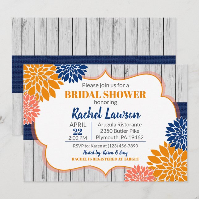 Invitación Tangerina azul cobalto florece ducha de novia flor (Anverso / Reverso)