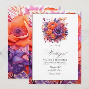 Invitación Tangerina, Boda floral de color rosa caliente y pú