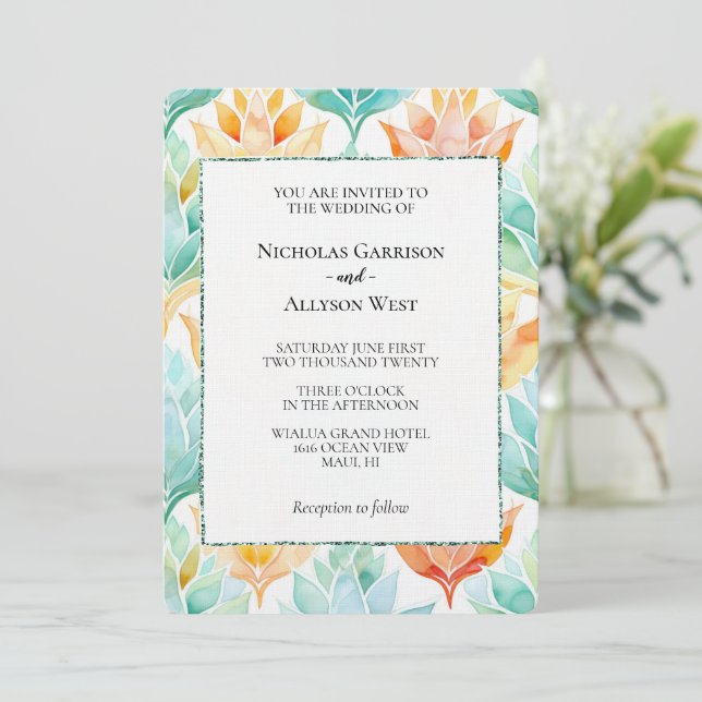 Invitación Tangerina Turquesa Resumen Boda Blanco Floral (Anverso de pie)