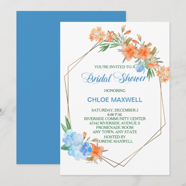 Invitación Tángerina y marco floral azul ducha de novia (Anverso / Reverso)