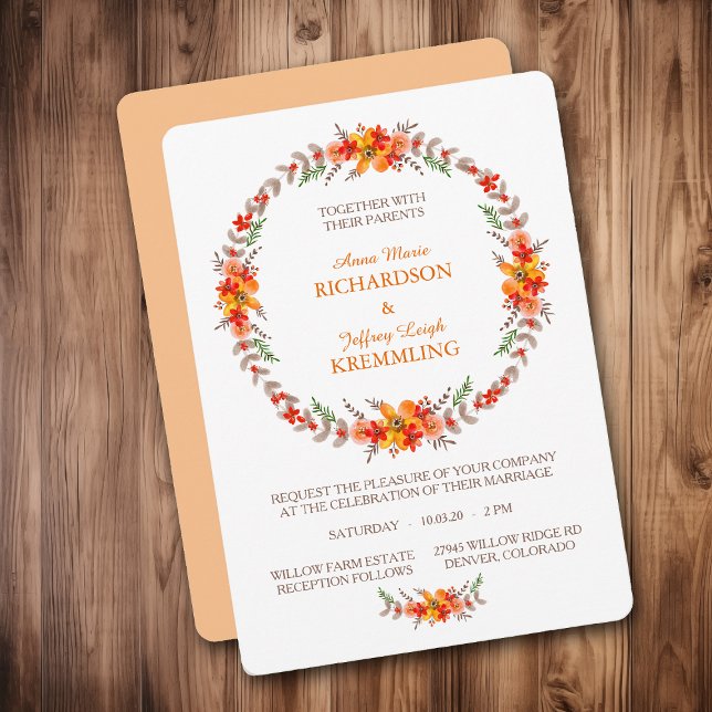 Invitación Tangerine Boho Floral Wreath Boda moderno (Subido por el creador)