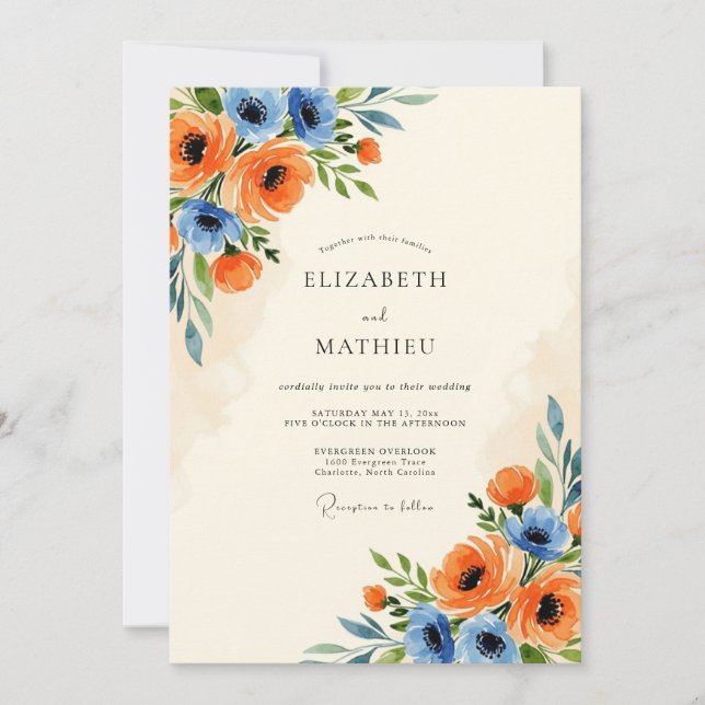 Invitación Tangerine Cornflower Blue Scenic Spring Wedding (Anverso)