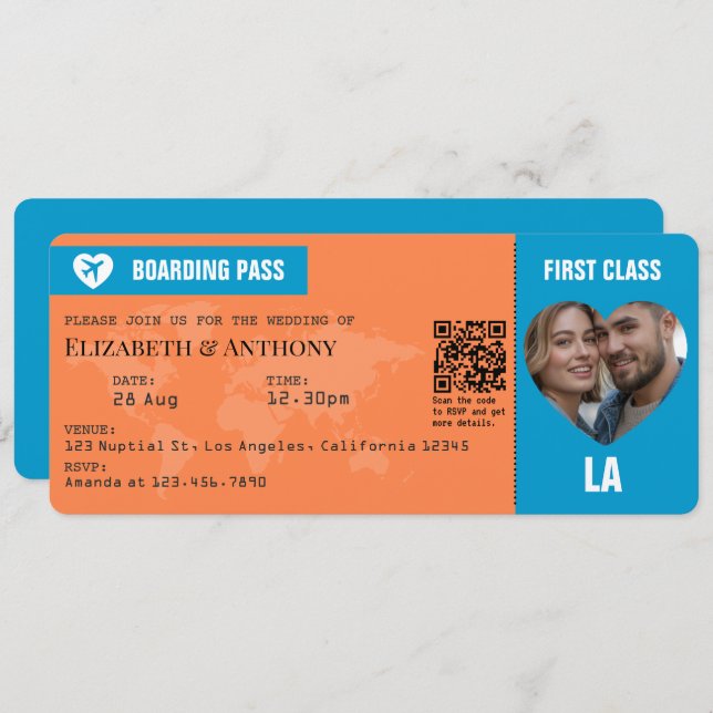 Invitación Tangerine & Lagoon Blue Boarding Pass Wedding (Anverso / Reverso)