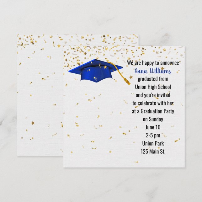 Invitación Tapa azul de graduación con confetti de oro (Anverso / Reverso)