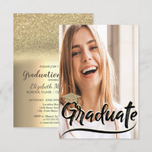 Invitación Tapa con Brillo Dorado Elegante, Fiesta de Graduac