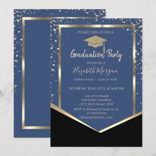 Invitación Tapa de graduación azul, diamantes dorados Graduac