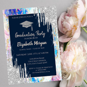 Invitación Tapa de Graduación con Brillo, Goteo Plateado, Opa