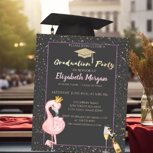 Invitación Tapa de graduación con purpurina, confeti, vino, c