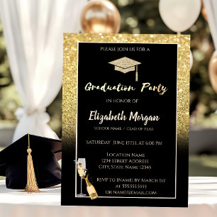 Invitación Tapa de graduación con purpurina dorada, Confeti, 