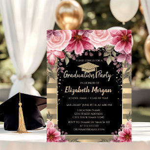 Invitación Tapa de graduación con purpurina dorada, rayas flo