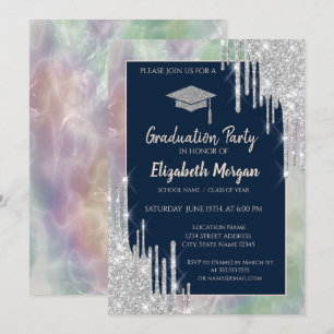 Invitación Tapa de graduación con purpurina, gotas de plata,