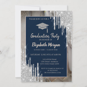 Invitación Tapa de graduación con purpurina, gotas de plata,