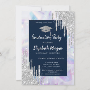 Invitación Tapa de graduación con purpurina, gotas de plata,