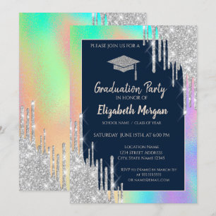 Invitación Tapa de graduación con purpurina, gotas plateadas,