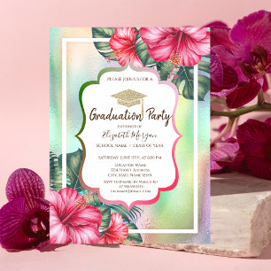 Invitación Tapa de graduación con purpurina Hibiscus Holográf