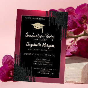 Invitación Tapa de graduación con purpurina, negro con gotas 