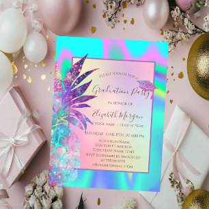 Invitación Tapa de graduación con purpurina, piña holográfica