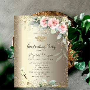 Invitación Tapa de graduación, copa de vino, flores boho grad
