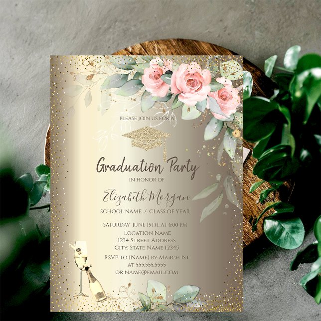 Invitación Tapa de graduación, copa de vino, flores boho grad (Subido por el creador)