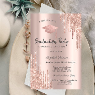 Invitación Tapa de graduación de oro rosa con gotas de brillo