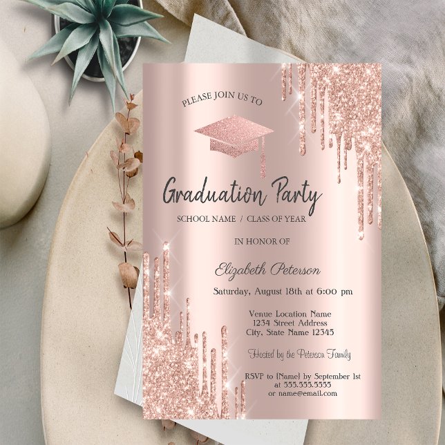 Invitación Tapa de graduación de oro rosa con gotas de brillo (Subido por el creador)