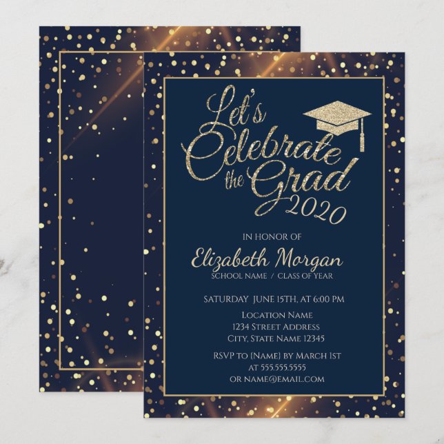 Invitación Tapa de graduación de Purpurina de oro brillante,  (Anverso / Reverso)