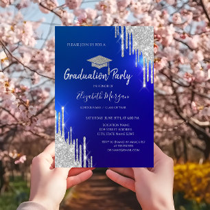 Invitación Tapa de graduación de purpurina plateada con gotas