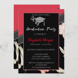 Invitación Tapa de graduación de Purpurina plateado, flores