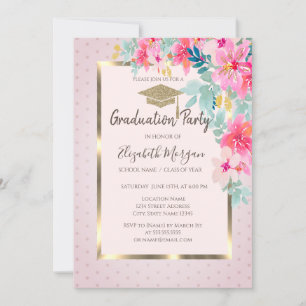 Invitación Tapa de graduación dorada con flores de acuarela y