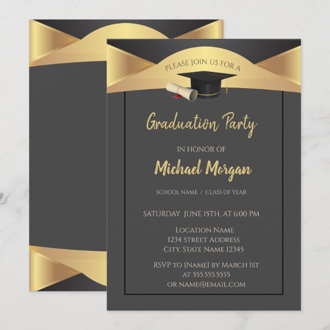Invitación Tapa de graduación elegante, graduación de oro (Anverso / Reverso)