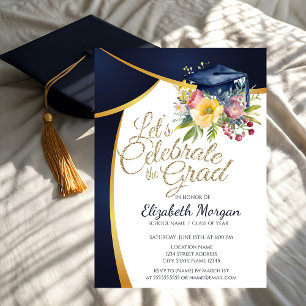 Invitación Tapa de graduación floral, graduación azul