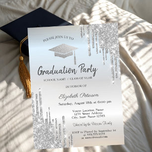 Invitación Tapa de graduación plateada con gotas de brillo
