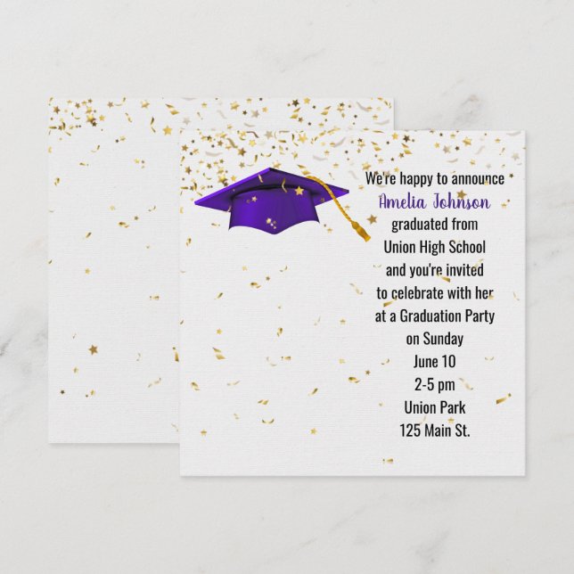 Invitación Tapa de graduación púrpura con confetti de oro (Anverso / Reverso)