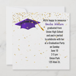 Invitación Tapa de graduación púrpura con confetti de oro