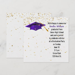 Invitación Tapa de graduación púrpura con confetti de oro