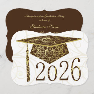 Invitación Tapa floral marrón y dorada Fiesta de graduación 2