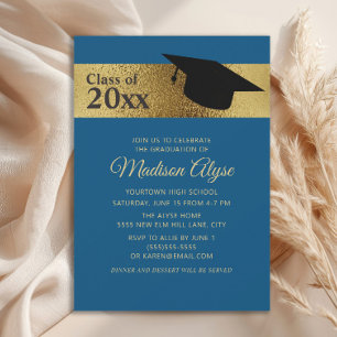 Invitación Tapa Negra Azul Dorado Personalizada Clase de Grad