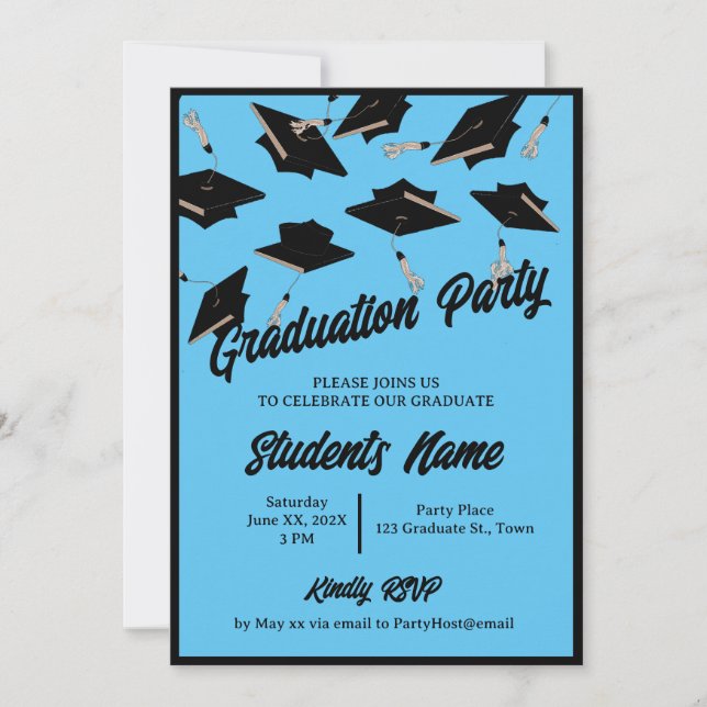 Invitación Tapa negra del partido de graduación en azul de lu (Anverso)