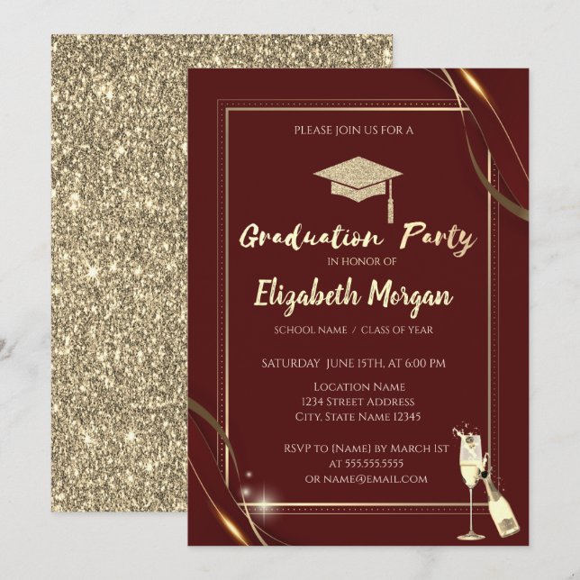 Invitación Tapa roja dorada Purpurina de vino Tapón rojo (Anverso / Reverso)